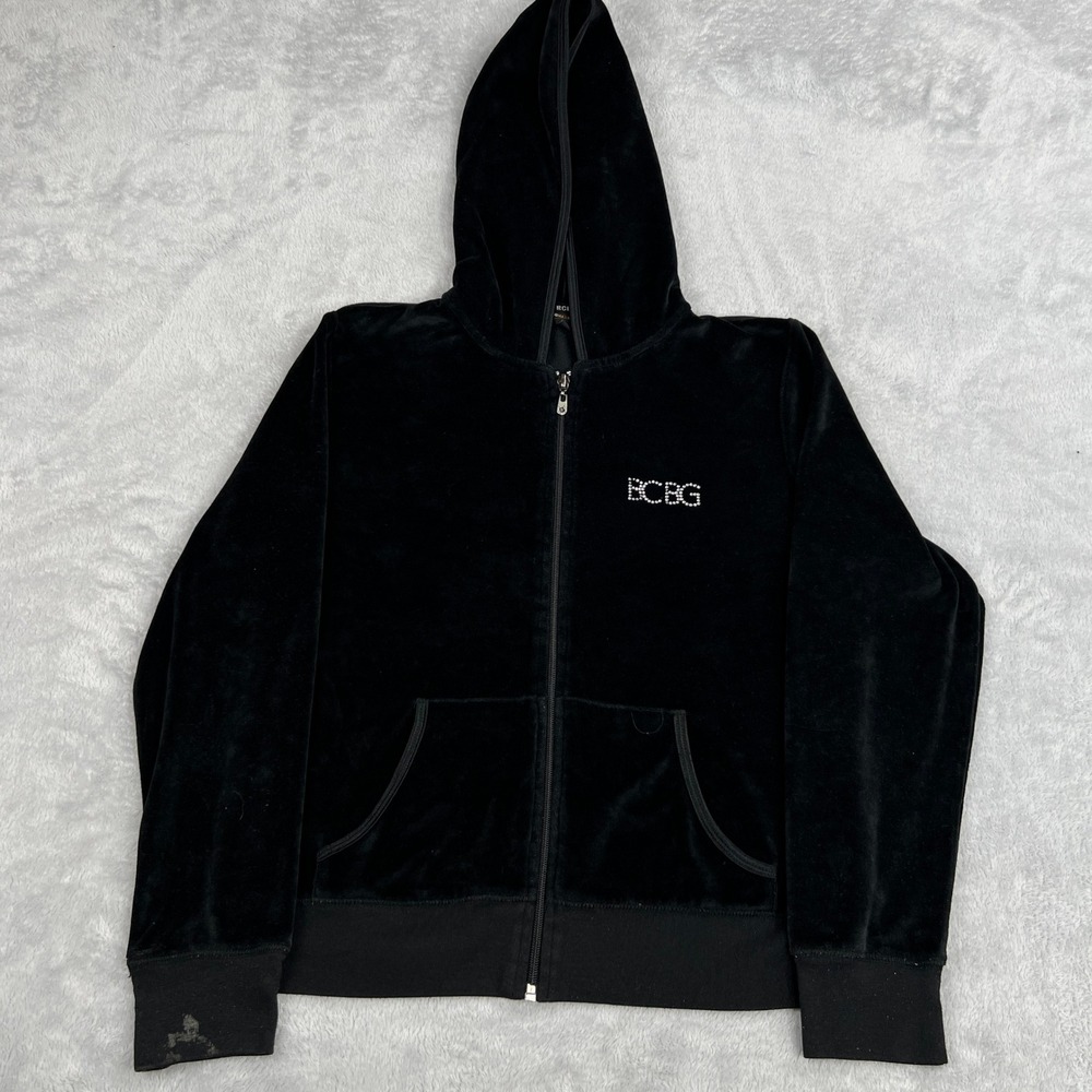BCBG Max Azria Rhinestone Velour Zip Hoodie L Black Women Y2K Athleisure